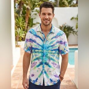 Joseph Abboud 100% Linen Tie Dye Short Sleeve Button Down Shirt - Large